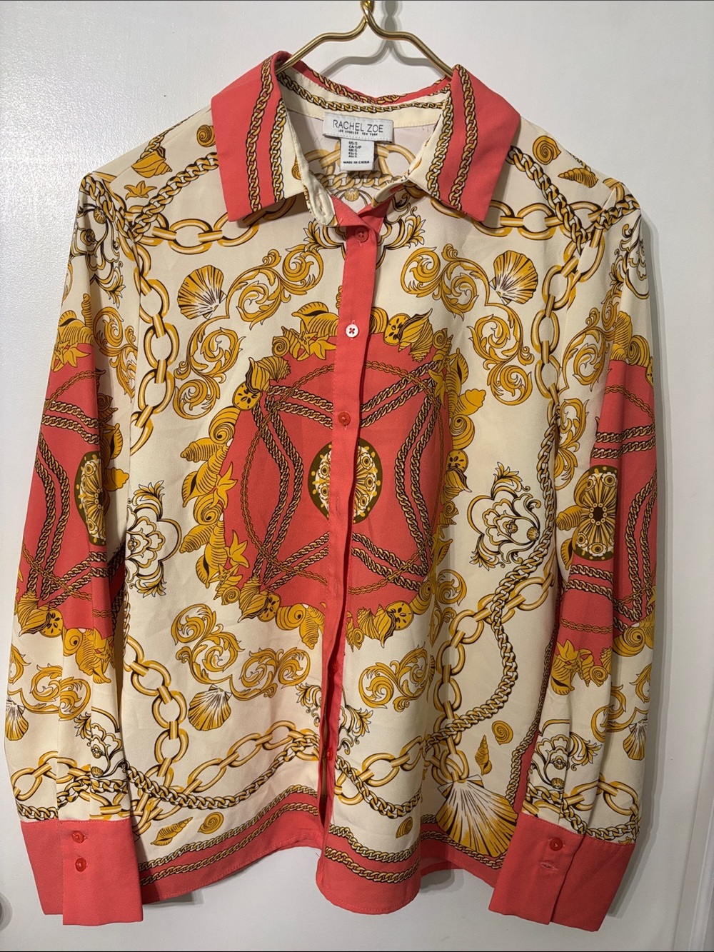 Rachel Zoe Coral & Cream Chain-Print Silk Button-Down Shirt